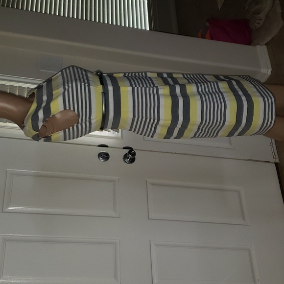 Calvin Klein 2 striped pencil dress darted pleats belt - Picture 5 of 7